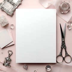 Elegant blank white card surrounded by crystals and silver stationary on pink