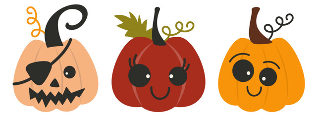 Collection of Cute Smiling Pumpkins - Halloween Character. Bright, cheerful, and playful design in flat vector style ideal for fall, autumn, and festive projects.