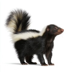 Obraz premium Alert striped skunk standing in profile view with distinctive black and white fur pattern and bushy tail against clean white background, wildlife photography free copy space for text
