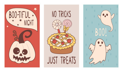 Cute Halloween Vector Set with Pumpkin, Ghosts, and Sweets