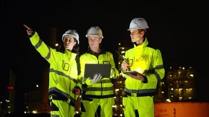 Petrochemical industry engineer teamwork working on laptop computer inspection petroleum oil refinery plant construction site at night. Engineering technician maintaining energy power gas system.