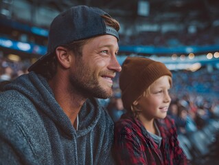 A smiling father and young son are watching a sports game together from stadium seating in happy moment.