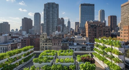 Obraz premium Urban Rooftop Garden in Cityscape with Skyscrapers and Lush Green Plants Beneath Clear Blue Sky