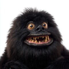 Obraz premium Whimsical black furry monster puppet with large amber eyes and sharp teeth against white background for entertainment industry, Halloween promotion, or children's television