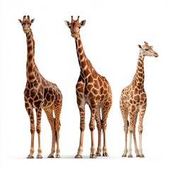 Obraz premium Majestic giraffe family showing size comparison with adult and young giraffe standing together against white background, perfect for wildlife conservation or zoo advertising