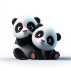 Obraz premium Adorable 3D animated panda cubs sitting together with wide curious eyes against white background, perfect for children's entertainment or cute animal marketing