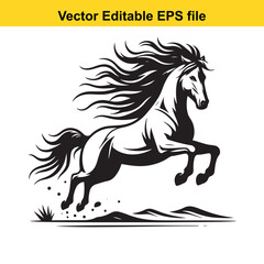 Untamed Line Art of a Mustang – Wild Pose with Windswept Mane and Desert Landscape Hints