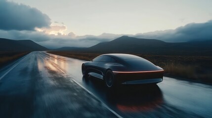 Sleek black car on a wet scenic road at dusk