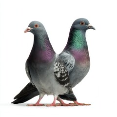 Obraz premium Elegant pair of racing pigeons with iridescent purple and green neck feathers standing together against white background, wildlife photography free copy space