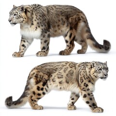 Fototapeta premium Majestic Snow Leopards in Profile View Showing Spotted Fur Pattern and Muscular Bodies Against White Background for Wildlife Conservation Awareness