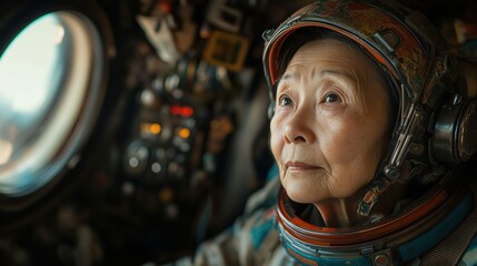 Elderly Asian woman astronaut looking out a spaceship window.