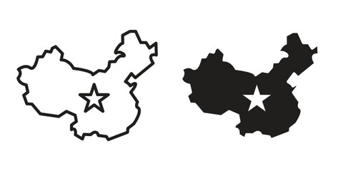 China map icon symbol set in black. line and flat icons