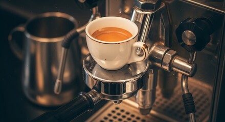 Espresso on gleaming machine awaits sipping