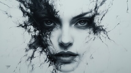 Woman's face emerging from abstract black ink sketch.