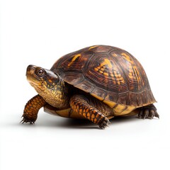 Obraz premium Alert Eastern Box Turtle with distinctive orange and brown patterned shell photographed in profile against clean white background, wildlife conservation imagery with free copy space