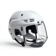 Fototapeta premium Professional white ice hockey helmet with clear protective face shield against white background for sports equipment advertising free copy space