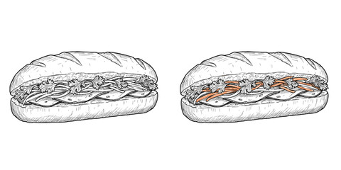 Banh Mi Sandwich. Hand-drawn, intricate details. Vietnamese cuisine, savory meal. Menu design, recipe books, food packaging