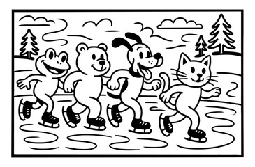 animals skating on ice illustration for coloring book painting