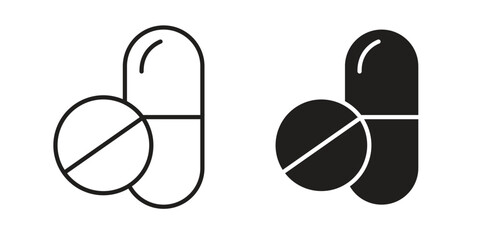 Pills icon symbol set in black. line and flat icons