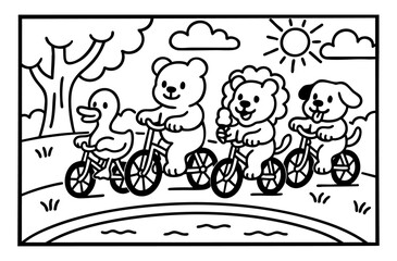 cute animals riding a bike in the park illustration coloring book for kids and adults