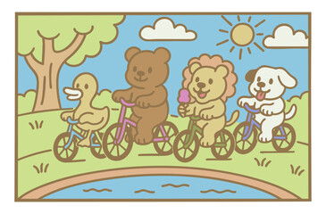 cute animals riding in the park colorful children's illustration