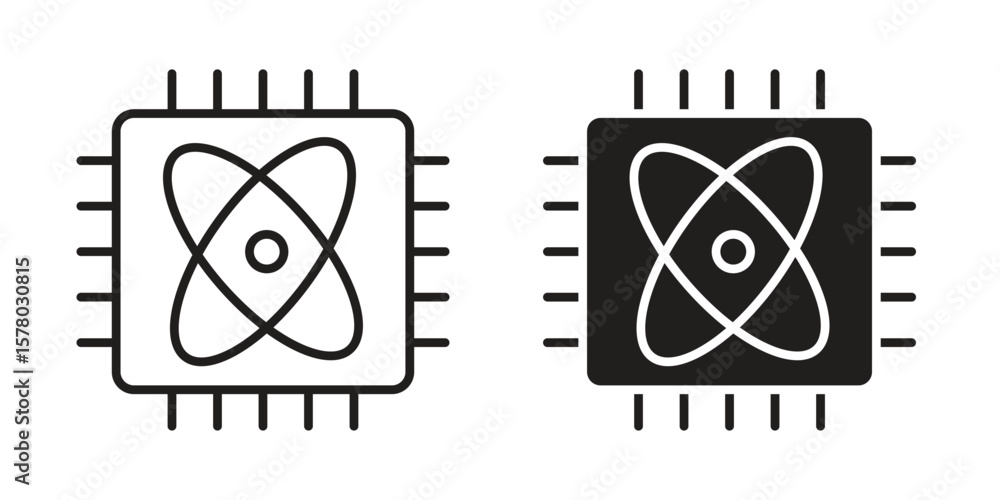 Poster quantum computing icon symbol set in black. line and flat icons