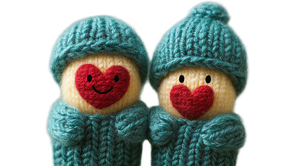 Two knitted figures, wearing teal hats and sweaters, with red hearts for faces, stand close together