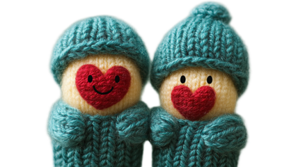 Two knitted figures, wearing teal hats and sweaters, with red hearts for faces, stand close together