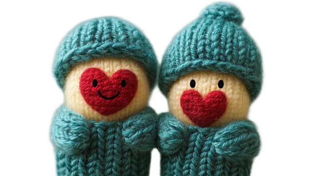 Two knitted figures, wearing teal hats and sweaters, with red hearts for faces, stand close together - Powered by Adobe