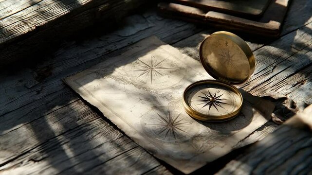 Antique compass rests on aged map, sunlight dappling weathered wood