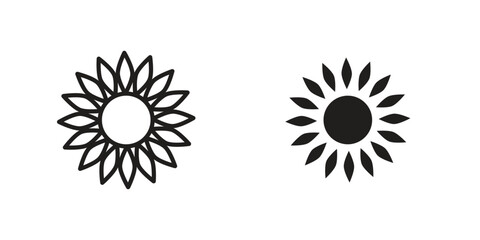 Sunflower icon symbol set in black. line and flat icons