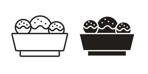 Takoyaki icon symbol set in black. line and flat icons