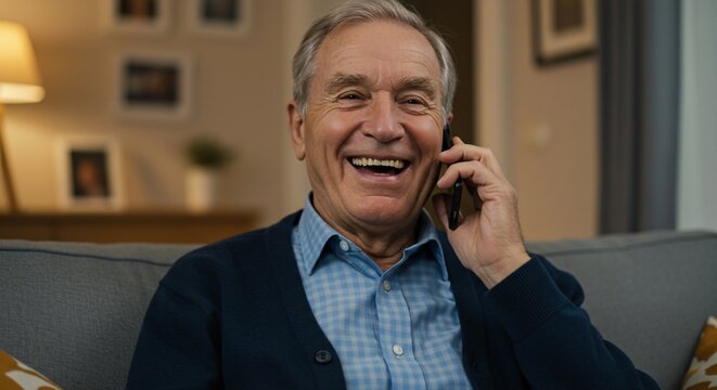 Joyful senior man laughing during a phone call at home on the sofa