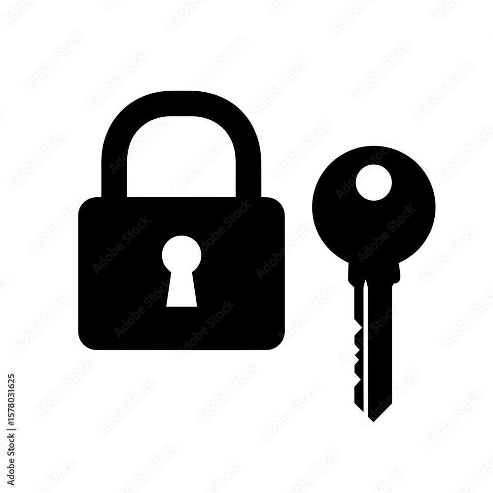 Poster illustration showing a padlock with keyhole and a key placed next to it in a security concept