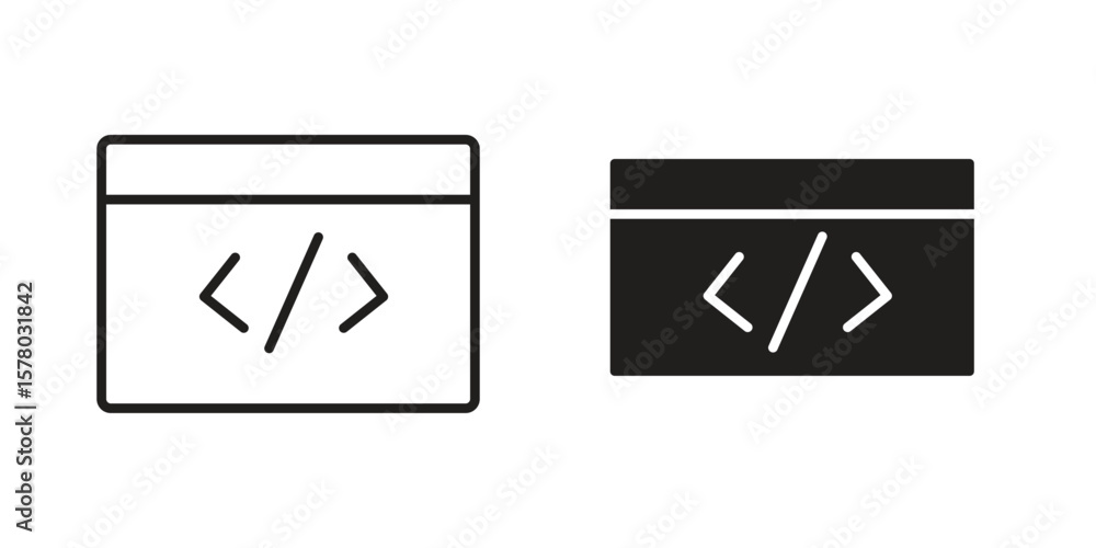 Poster web code icon symbol set in black. line and flat icons