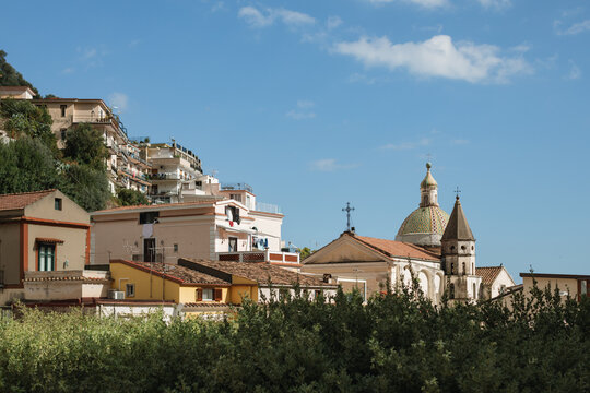 Hillside villagescape with a local church, Cetara, Salerno, Campania, Amalfi Coast, Italy