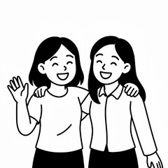 Two girls smiling and hugging in a simple line art, showing the joy, warmth, and genuine bond of friendship