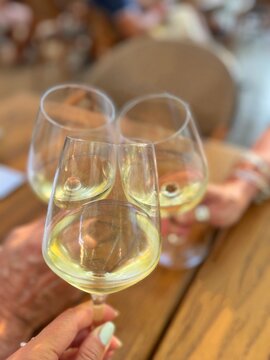 Close-up of three people sitting at a table making a celebratory toast with glasses of white wine