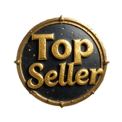 Top seller badge with golden text on a circular black background with a golden border design element on transparent background