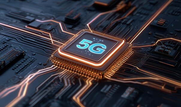 Close up showing technology hardware featuring a '5G' integrated circuit