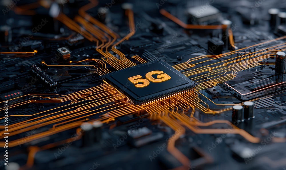 Poster wireless technology concept shows orange data flow between cpu and users on a futuristic motherboard