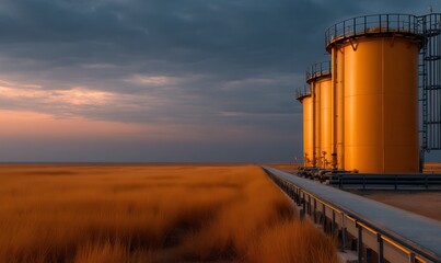 Obraz premium Evening view of tank compressor at Oil and Gas processing plant in open field