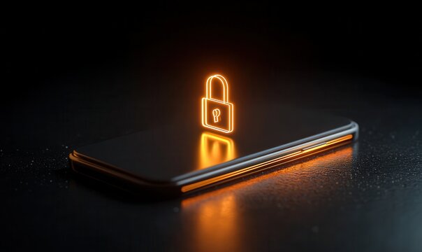 Glowing orange padlock icon displayed on a smartphone screen against a dark background