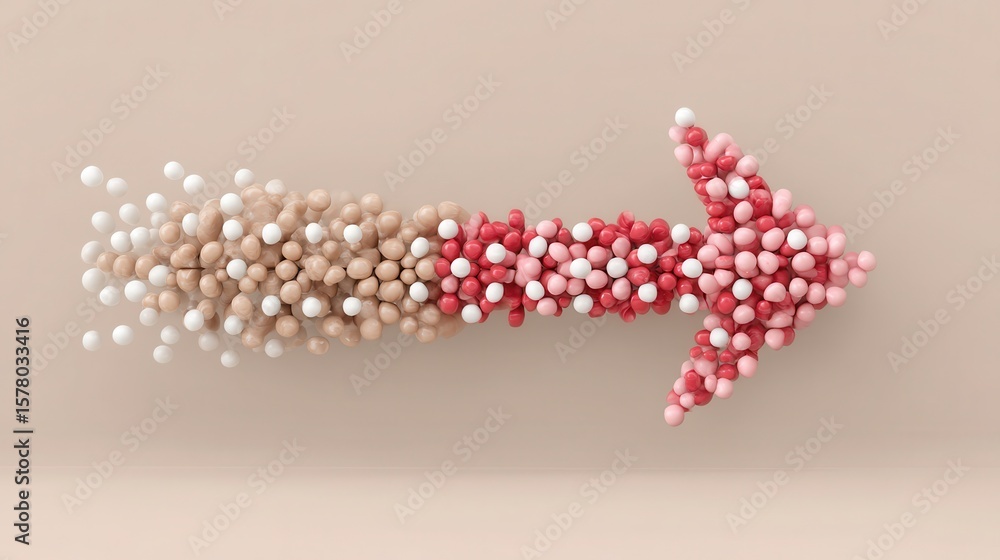 Poster abstract arrow design formed by colorful 3d spheres representing progress and direction towards succ