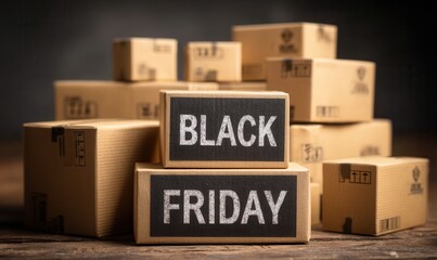 Stack of cardboard boxes features a bright 'Black Friday' sign on a box