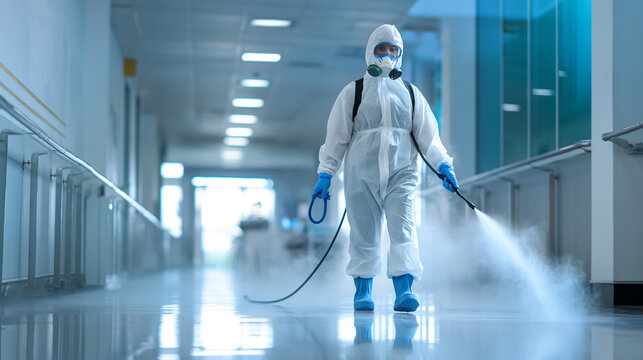 Floor sanitization: Worker sprays disinfectant in protective suit for deep cleaning.Industrial Cleaning Concept with Protective Gear, Surface Sterilization with Spray Equipment, Sanitizing Floor to Pr