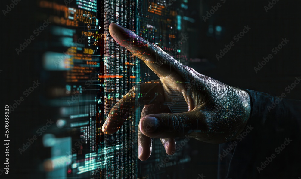 Aufkleber guiding data flows human hand interacts with digital code interface