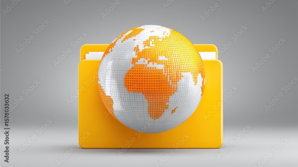 Poster colorful globe and yellow folder representing global information management and data organization wi