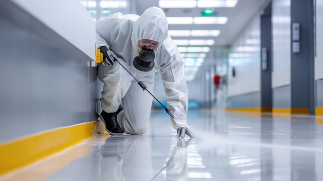 Floor sanitization: Worker sprays disinfectant in protective suit for deep cleaning.Industrial Cleaning Concept with Protective Gear, Surface Sterilization with Spray Equipment, Sanitizing Floor to Pr
