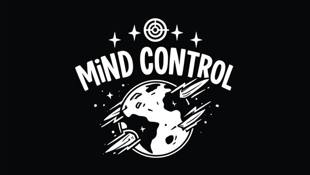 White Mind Control Graphic Design with Planet Earth Rockets Target Stars on Black Background